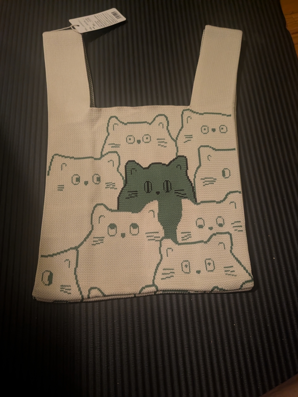 Cute Beige Tote with Green Cat Motif - Casual Knit Shoulder Bag Or Dog Bag